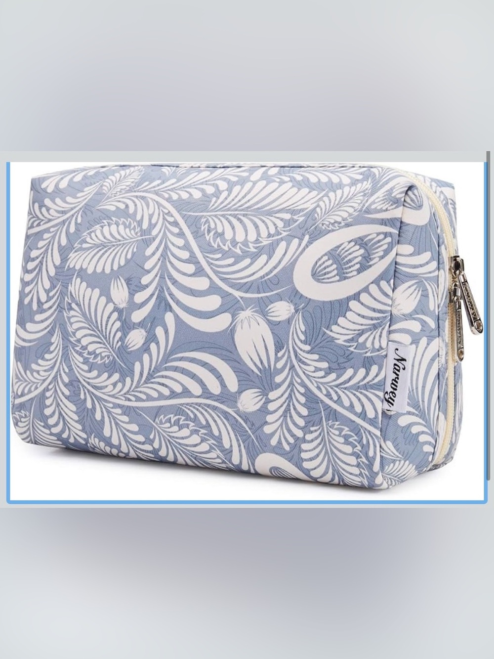 Large Make up Cosmetic Bag Blue Leaf Print